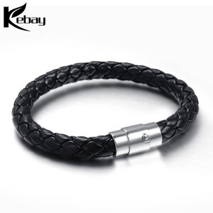  Fashion stainless steel mens bracelet with leather 